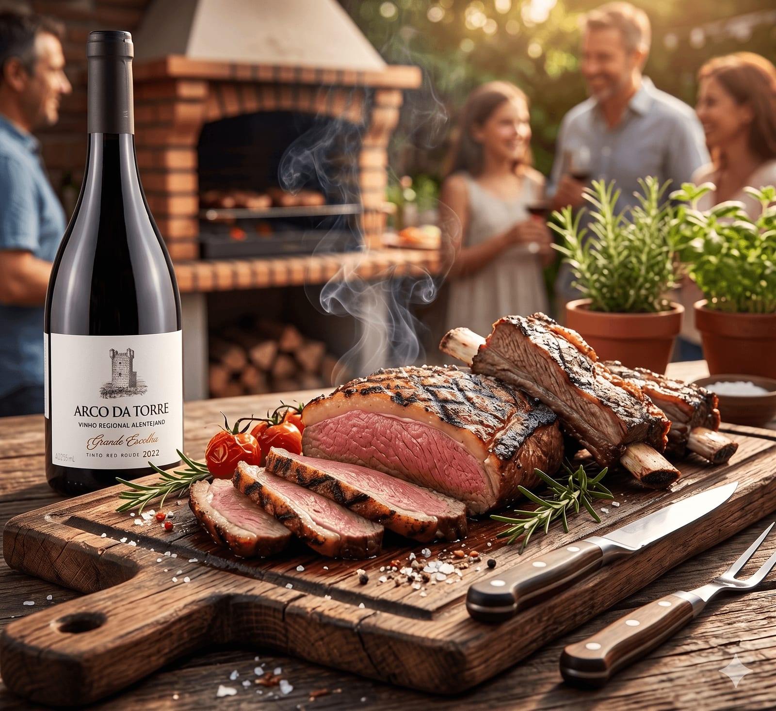 Garrafa de vinho português Arco da Torre servida em um churrasco ao ar livre, celebrando o Festival de Portugal da VÍSSEL