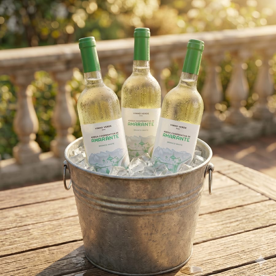 Garrafas de Vinho Verde português geladas em um balde de gelo