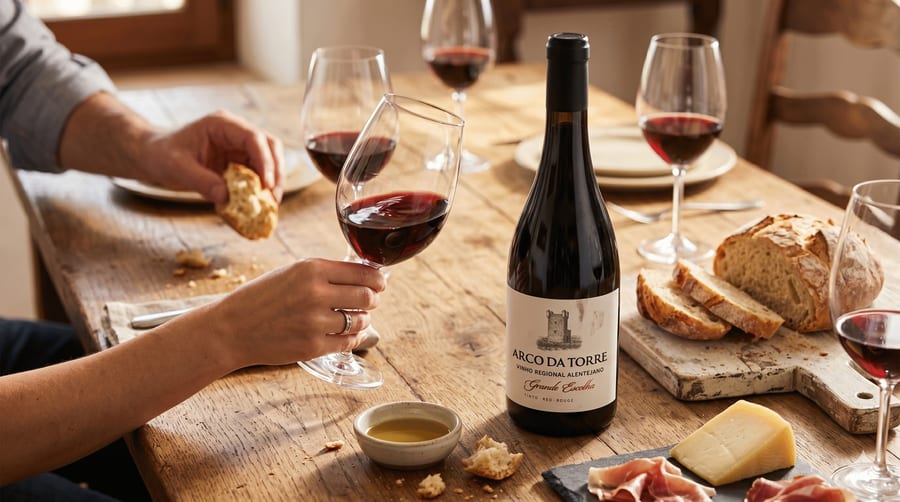 Garrafa de vinho português Arco da Torre em uma mesa com pães, queijos e frios